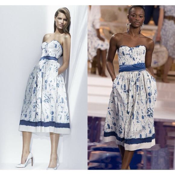 Ralph Lauren Collection Cotton Strapless Midi Dress Runway Fit Flare 10 M Blue - Picture 1 of 16